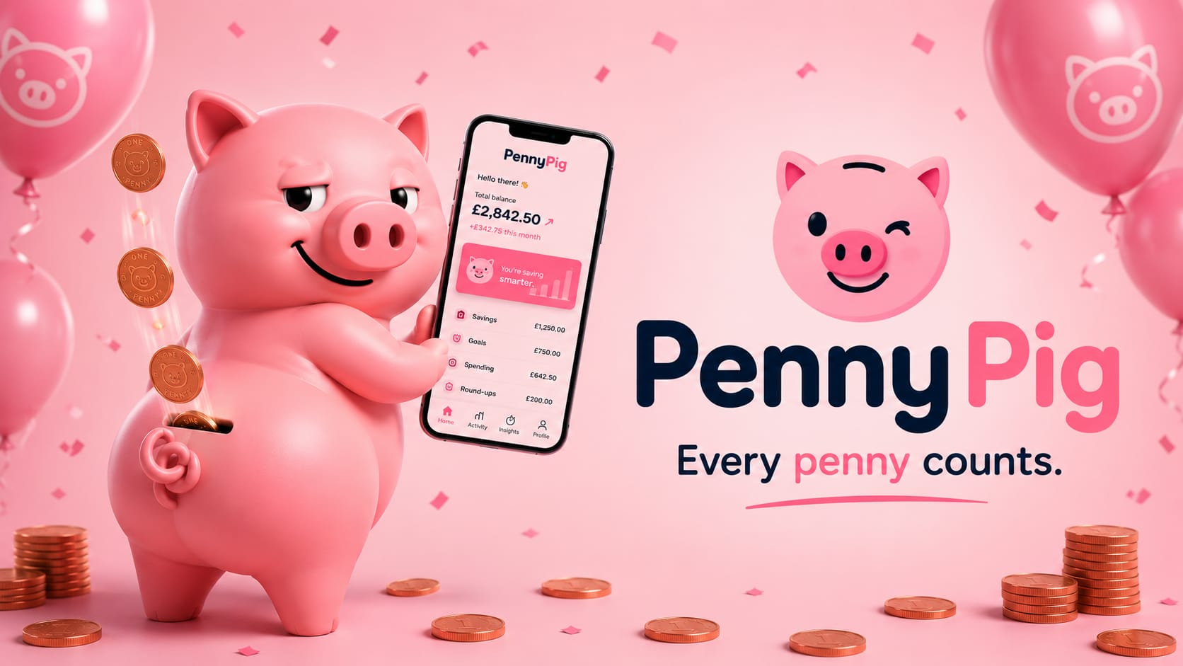 The PennyPig mascot, a smiling 3D piggy bank, holding a phone showing the PennyPig app while penny coins drop into its coin slot.
